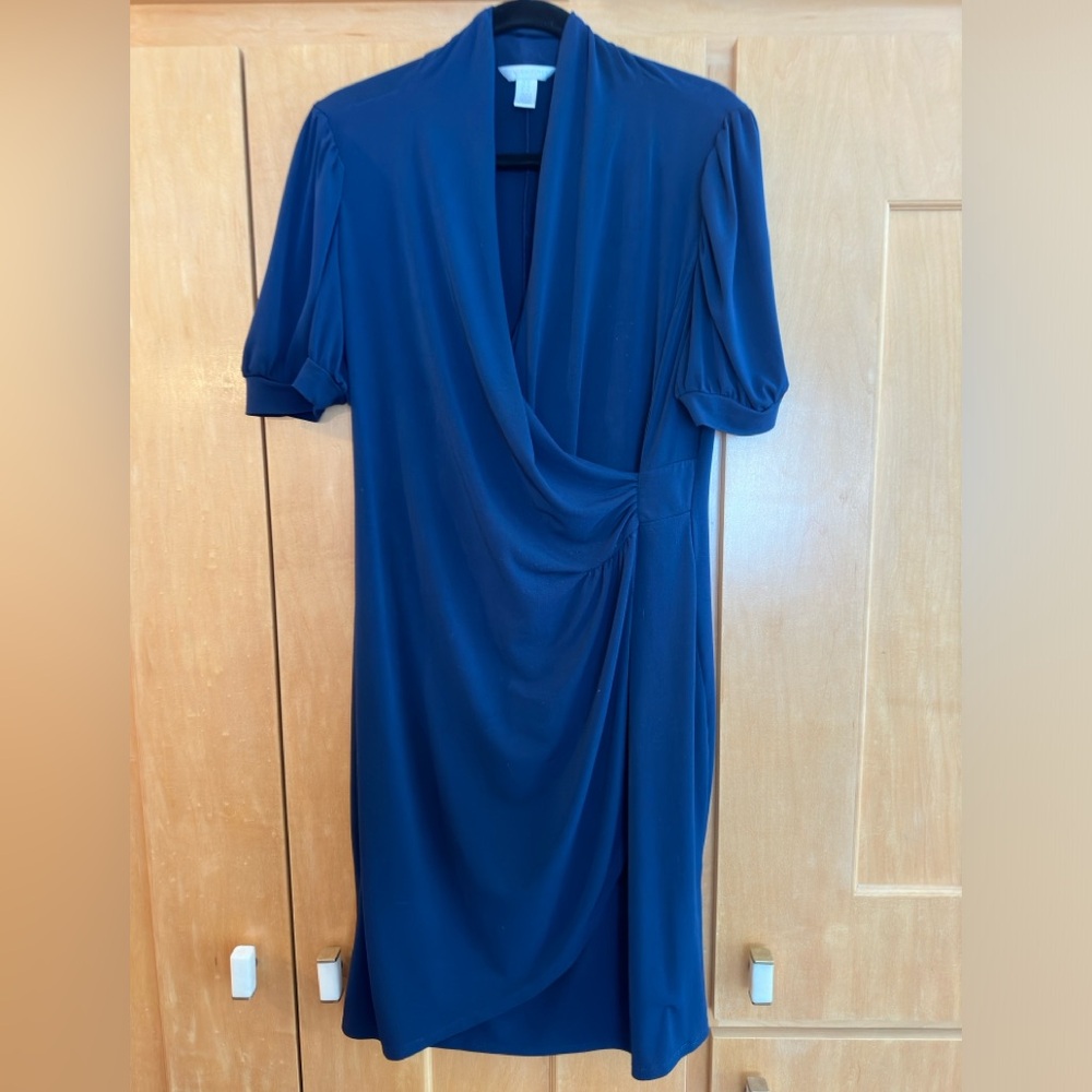 🦋 Beautiful navy blue faux wrap gathered waist and draped dress 14 Stretch 💃🏼